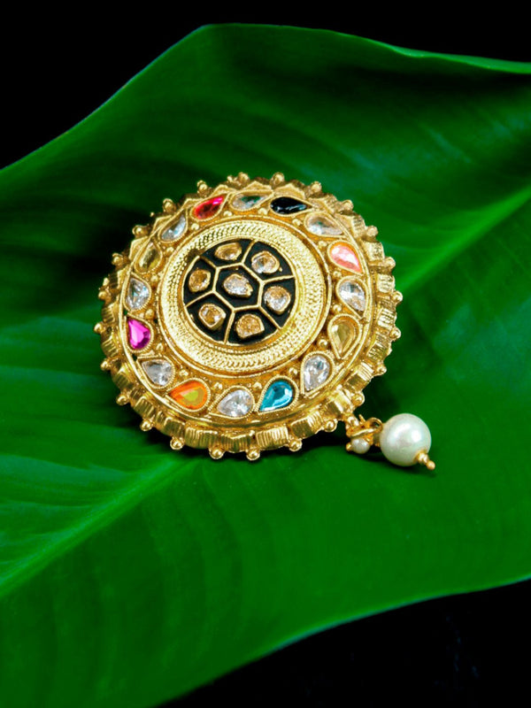 Gold Plated Round Shape Multicolor Stone with White Pearl Dropping Saree Pin
