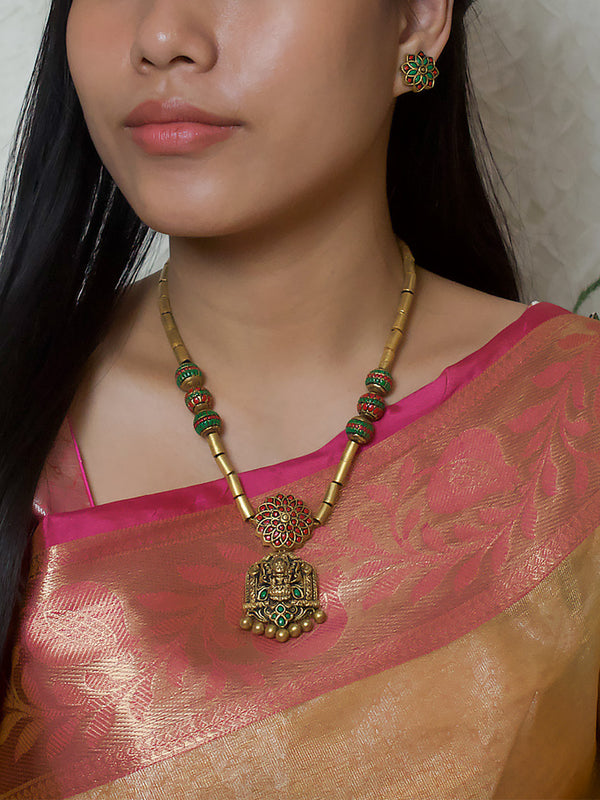 Antique Gold Pink Green Mandala Art and Lakshmi Pendant Temple Tube Design Mala Handmade Terracotta Necklace Set