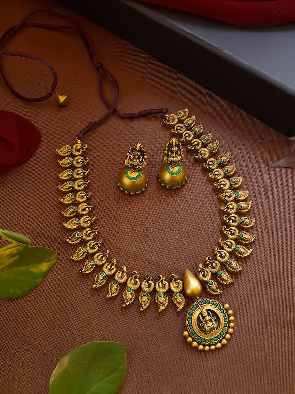 Antique Gold Toned Lakshmi Design Pendant With Peacock Design Motifs Terracotta Choker Necklace Set