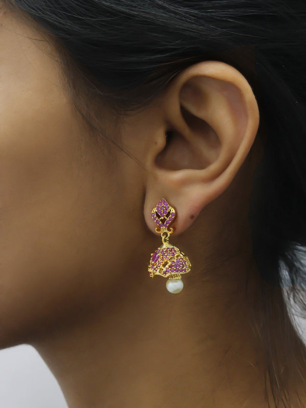 Avismaya Gold Plated Floral Design American Diamond Stone Jhumka Earring