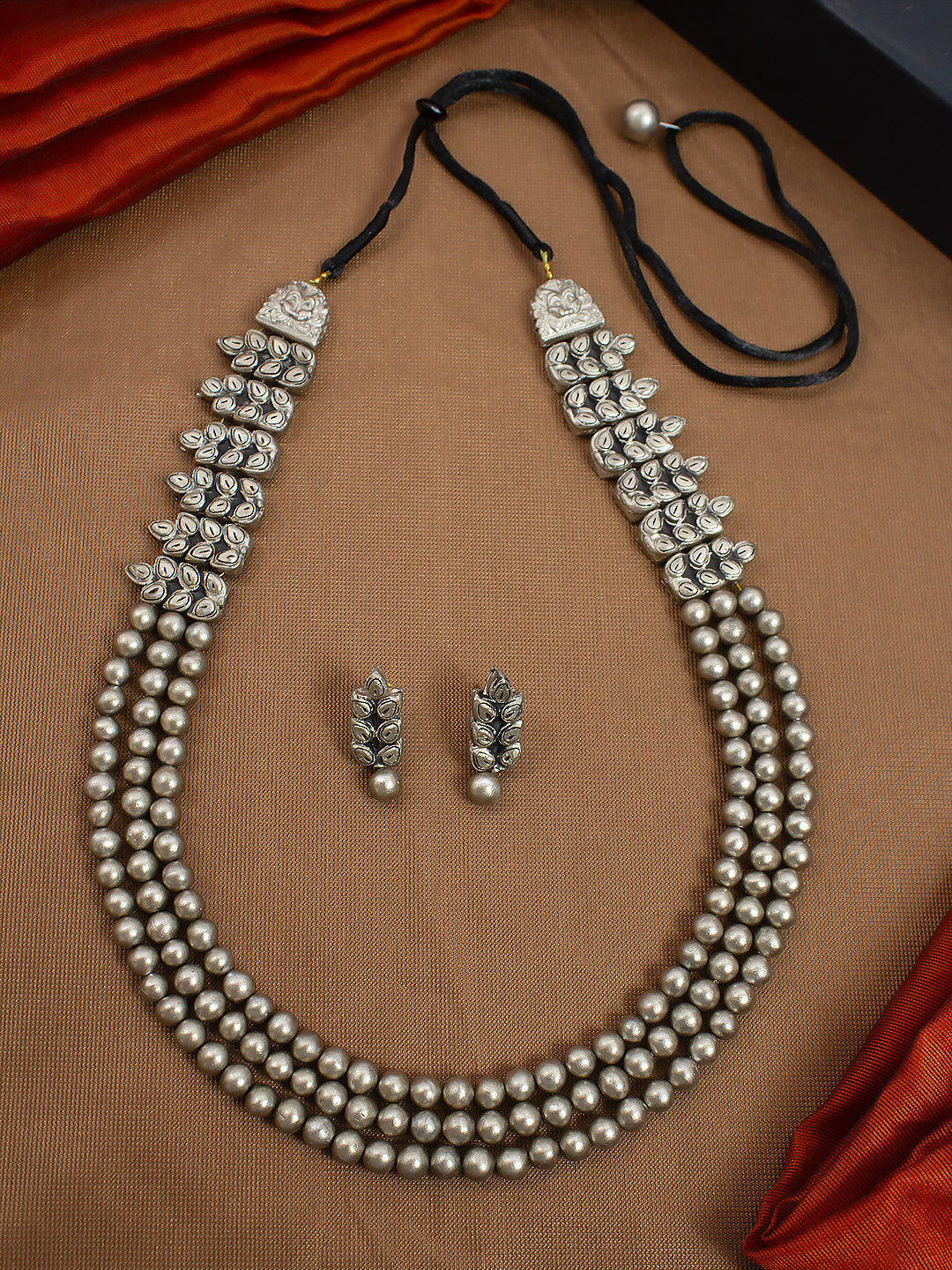 Antique Silver Colour  Rani Haar 3 Layered Beads Handmade Terracotta Necklace Set