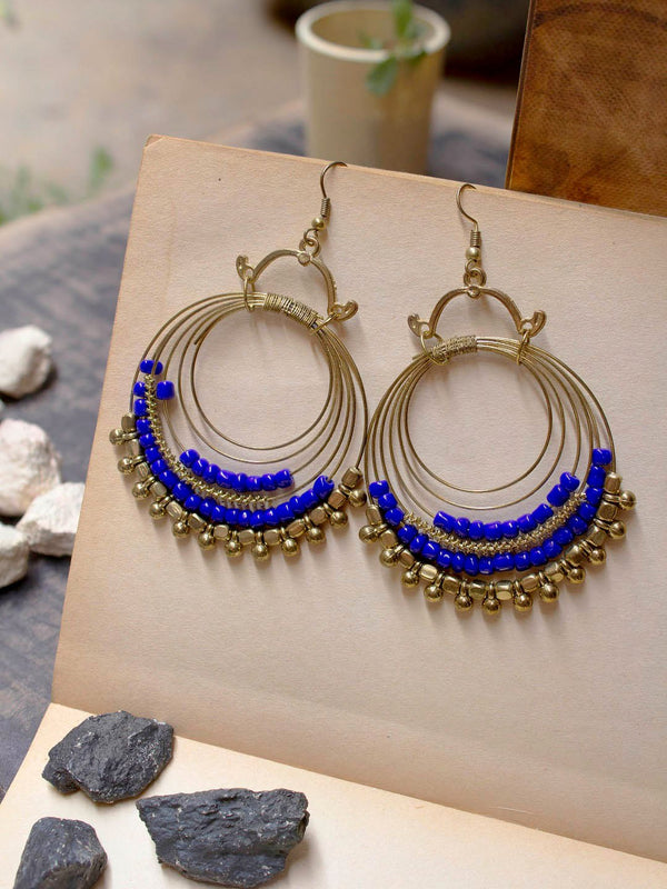 Gold Plated Circle Design Blue Color Beads Dangler Earring