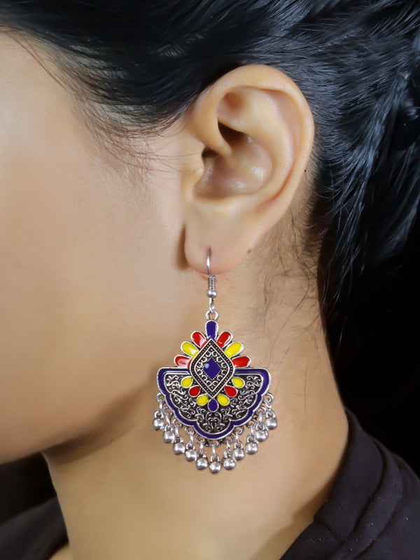 Floral Design Red and Yellow and Blue Dangler Afghani Earring