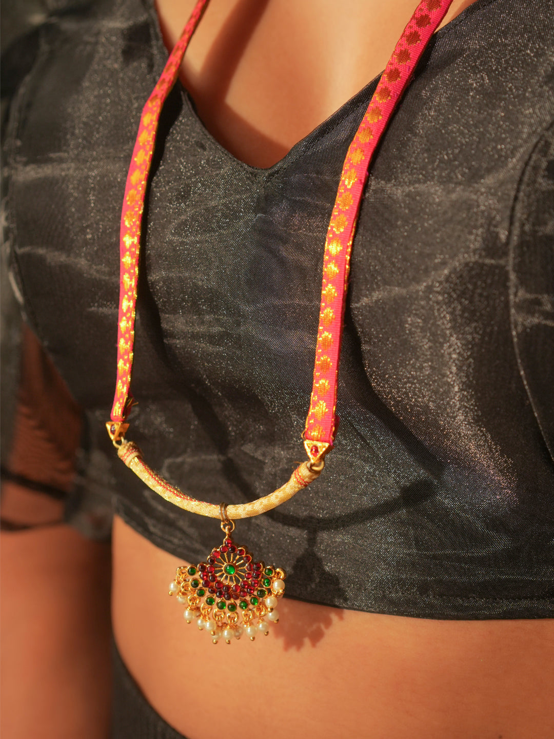 Zaritha — Gold Tone Temple Necklace Zari floral pendant pink Haaram