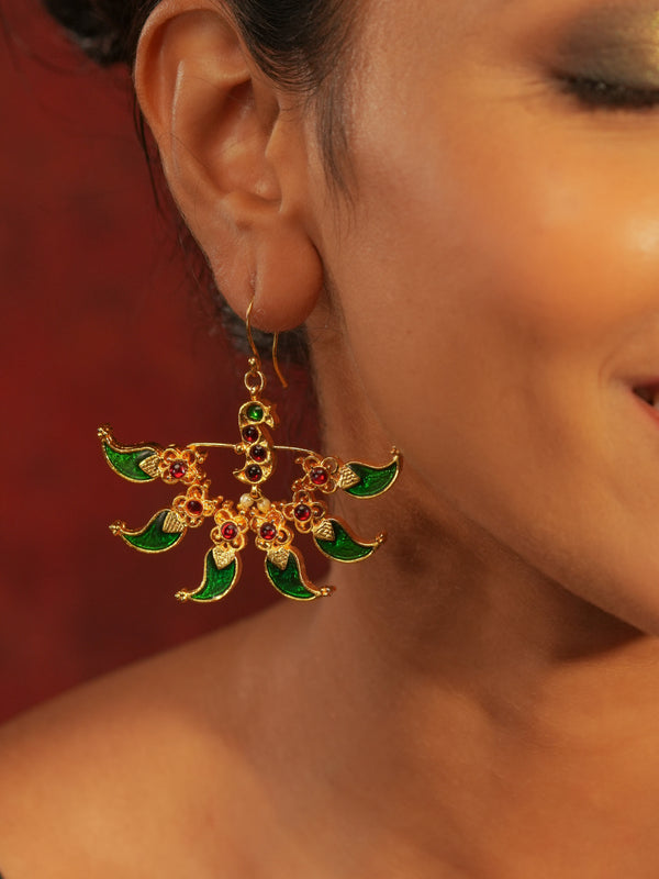 Gold Tone Temple Earrings- Morpankhi Green