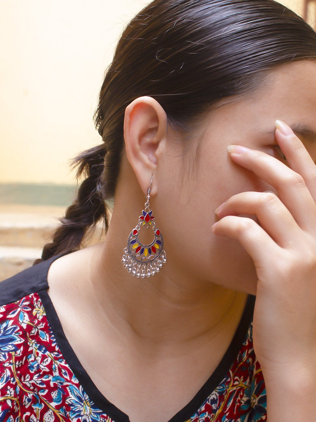 Silver Plated Lotus Design Multicolor Enamel Paint With Hanging Ghungroos Dangler Earring