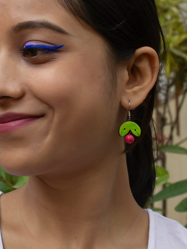 Green Leaf and Cherry Design Handmade Terracotta Earring