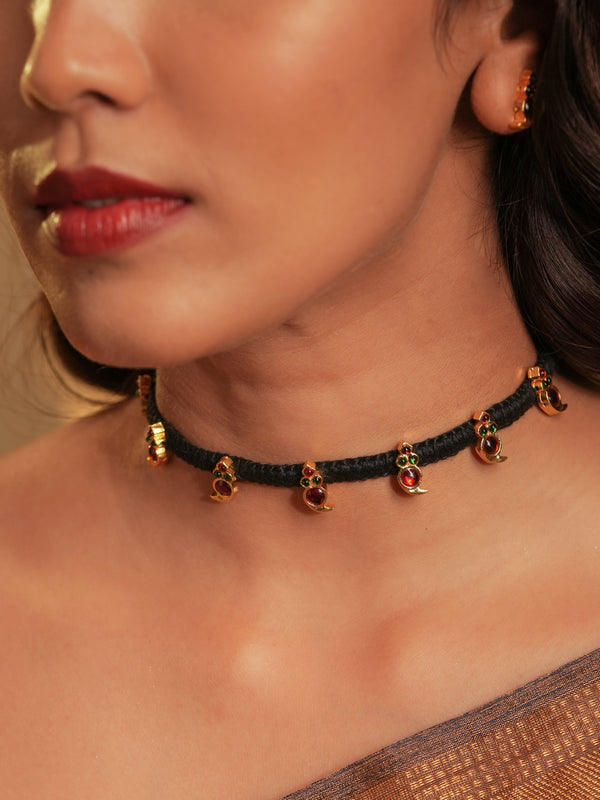 Gold tone temple necklace set- Black Thread Choker