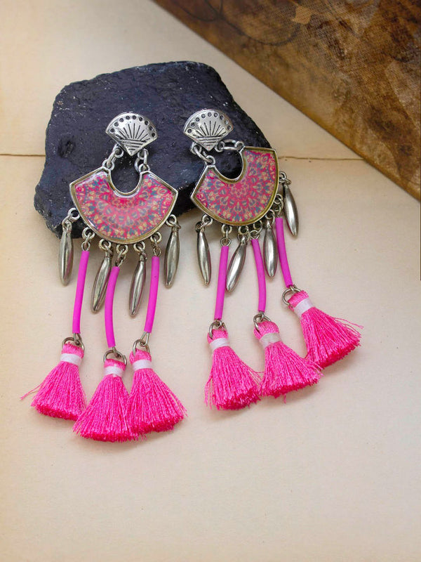 Silver Plated Hanging Tassel Design Pink Color Dangler Earring