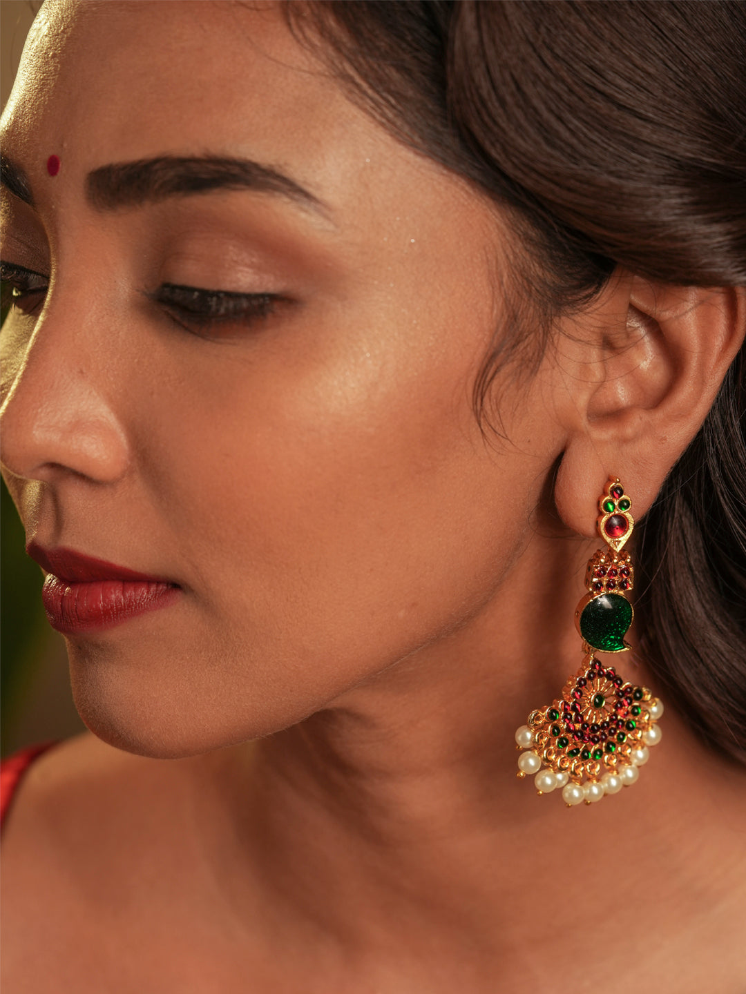 Gold tone temple Earring- wth triangle pendant