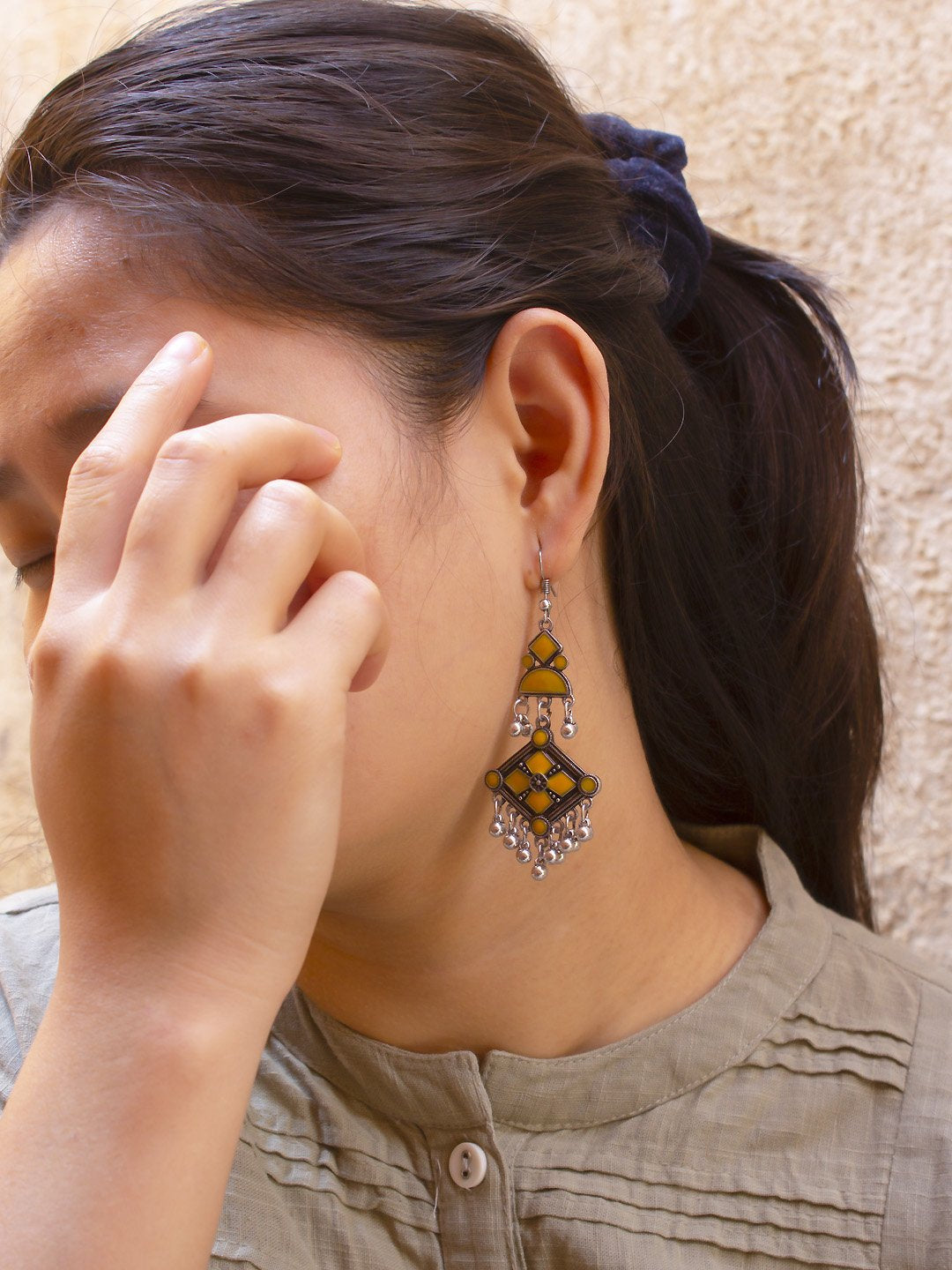 Silver Plated Floral Design Yellow Color Enamel Painted Dangler Earring