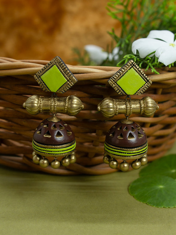 Handmade Terracotta Jhumka Earrings in Antique Gold Brown Green