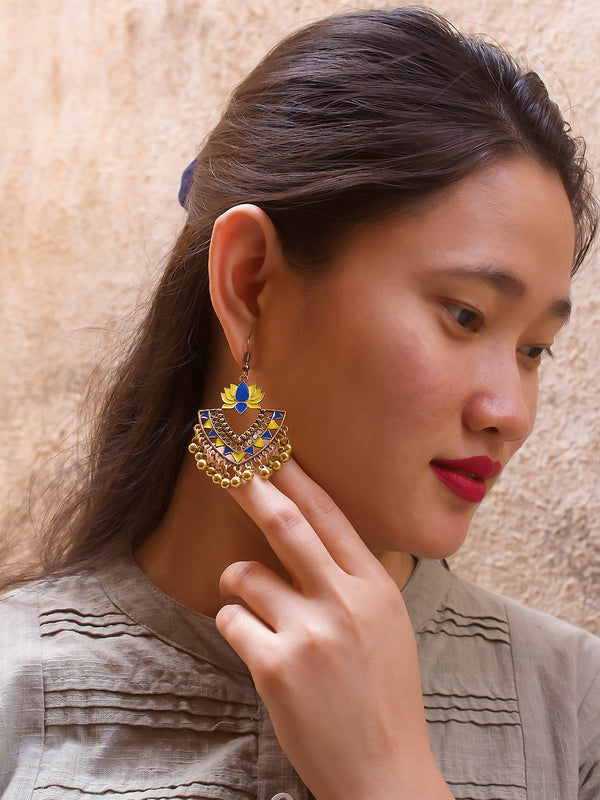 Gold Plated Yellow And Blue Color Lotus Design Afghani Earring