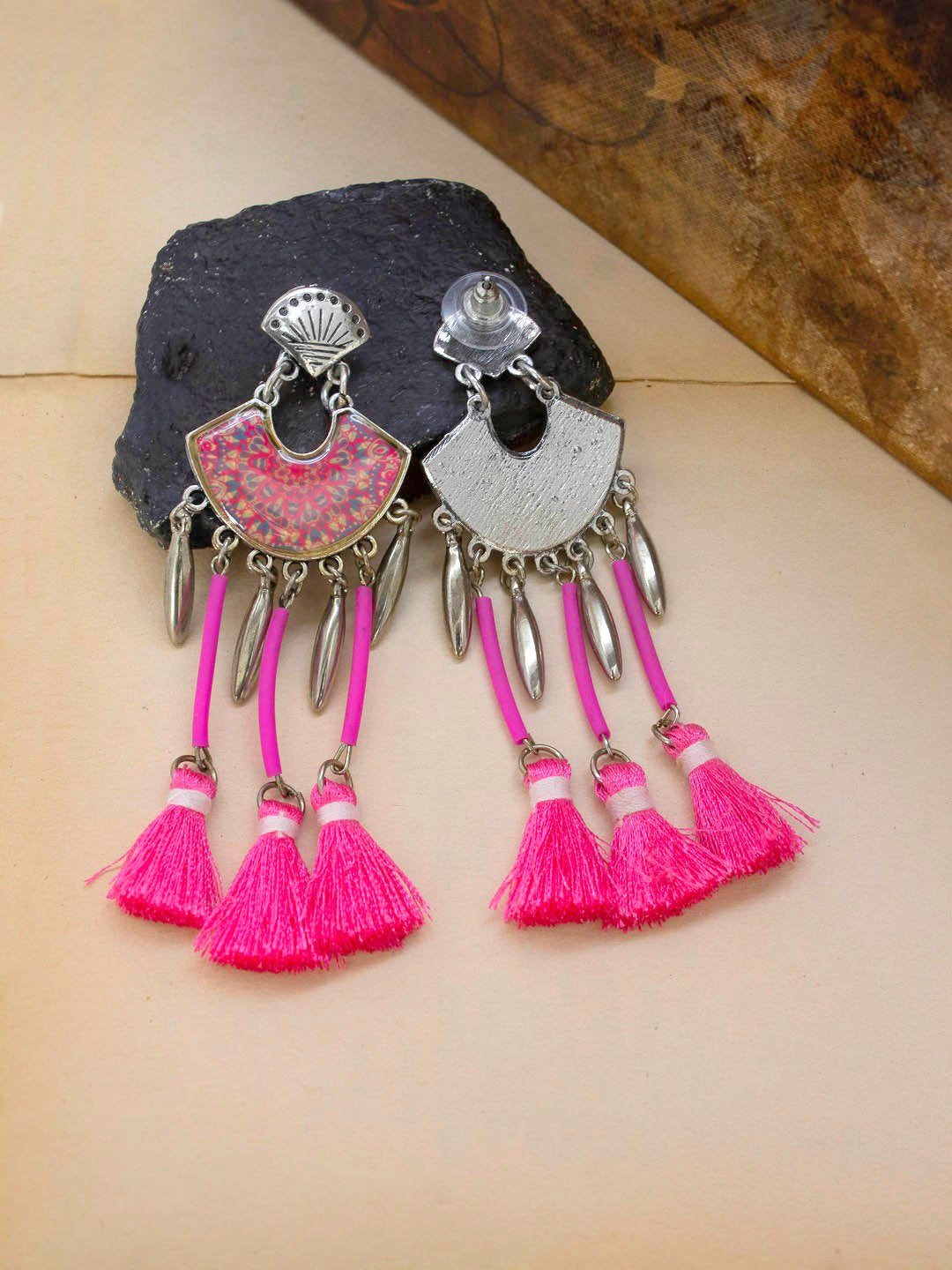 Silver Plated Hanging Tassel Design Pink Color Dangler Earring