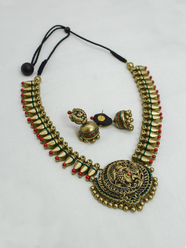 Antique Gold Toned Peacock Design Pendant Red And Green Color Choker Handmade Terracotta Necklace Set