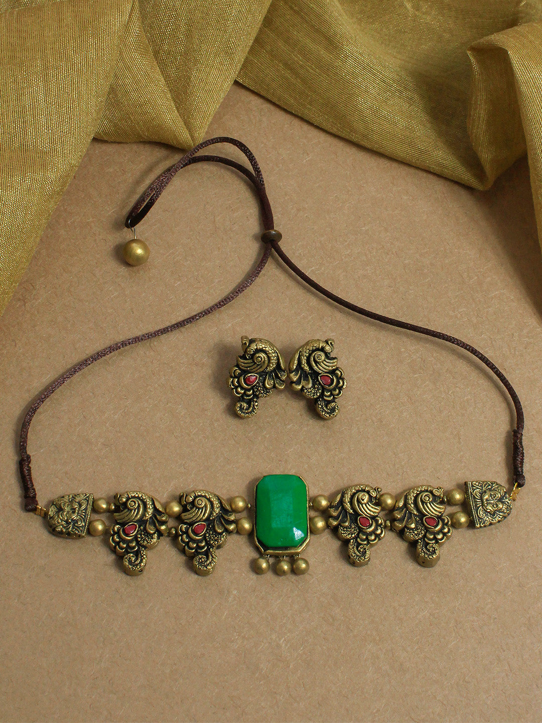 Minimalistic Antique Gold Red Green Peacock Design Handmade Terracotta Victorian Choker Necklace Set