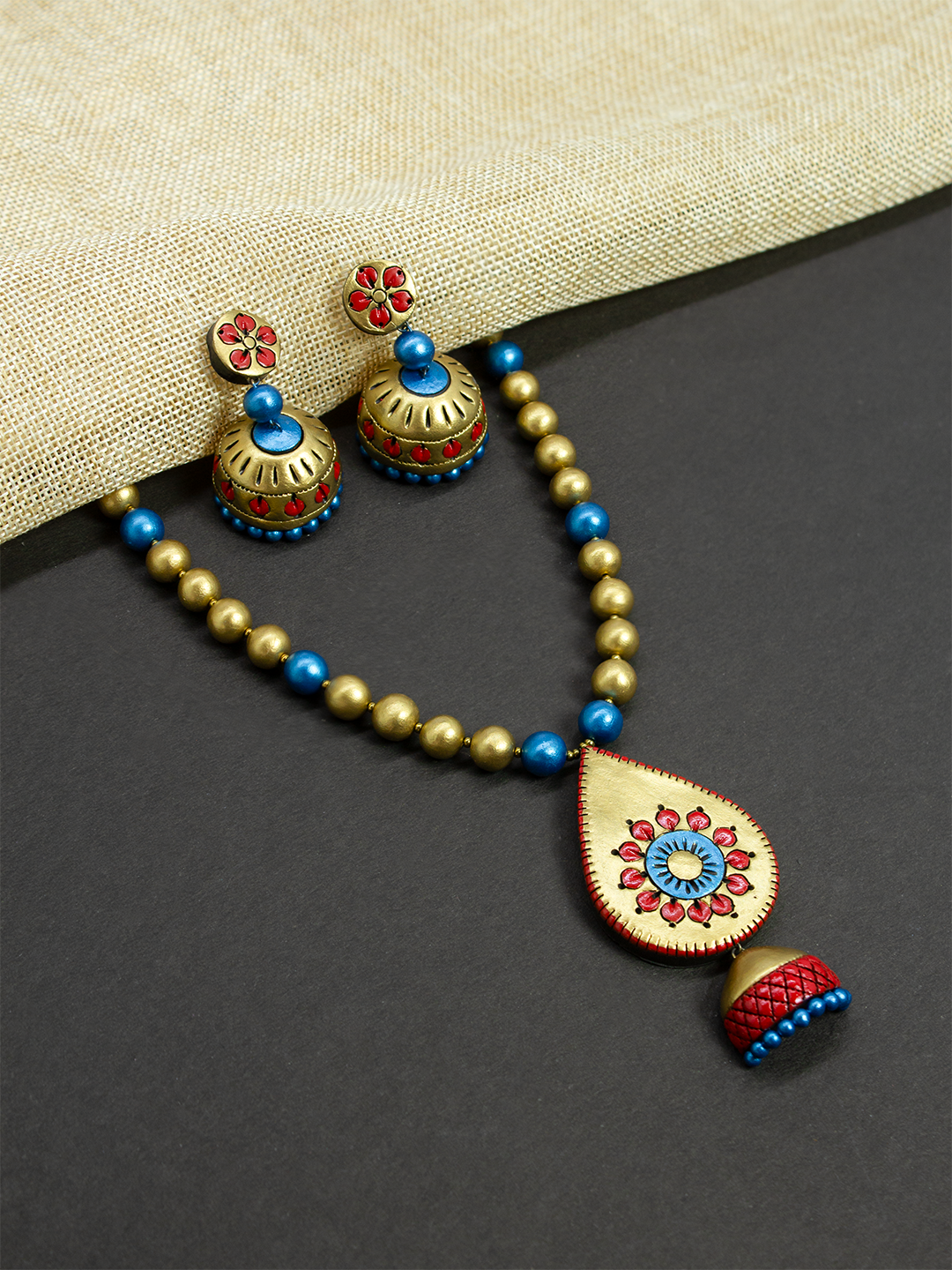 Tear Drop Design Hand Painted Terracotta Jewelry Set