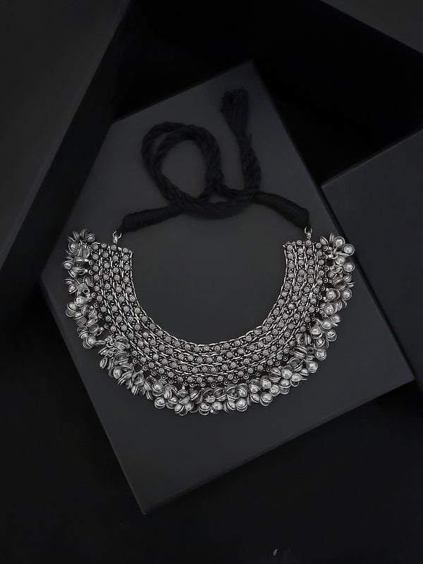 Silver Plated Floral Design With Hanging Silver Ghungroo Choker Necklace