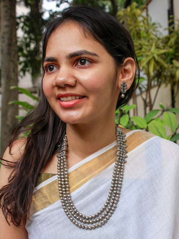 Antique Silver Colour  Rani Haar 3 Layered Beads Handmade Terracotta Necklace Set