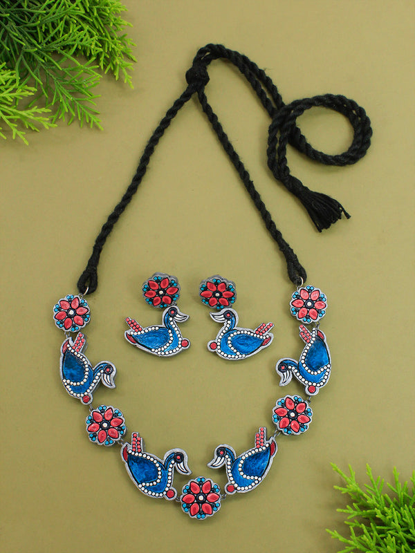 Bird and Flower Design Pink Blue Silver Minimalistic Handmade Terracotta Necklace Set