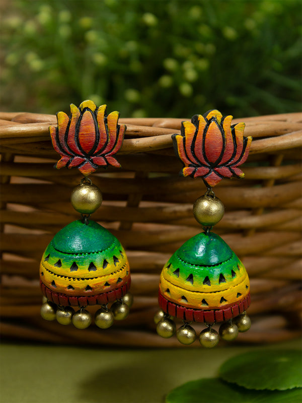 Lotus Design Handmade Terracotta Antique Gold Yellow Maroon Green Jhumka Earring