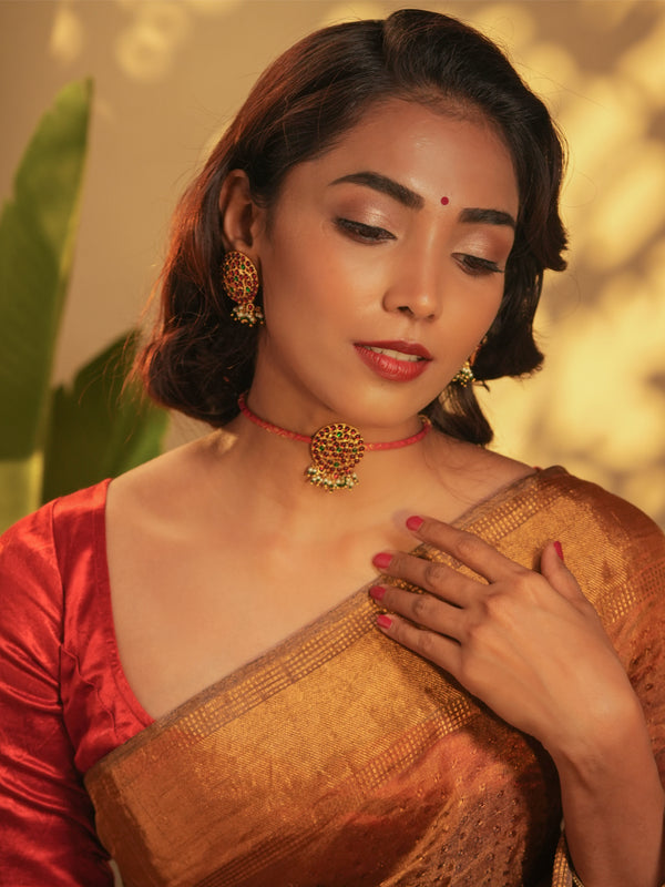 Gold Tone Temple Necklace Set- Jada Billa zari/pearl Choker red