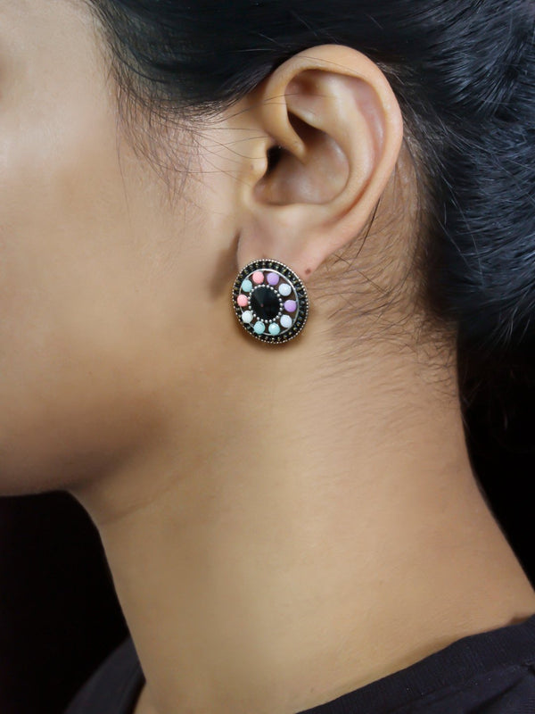 Round Design  Black Stud  With Stones Earring