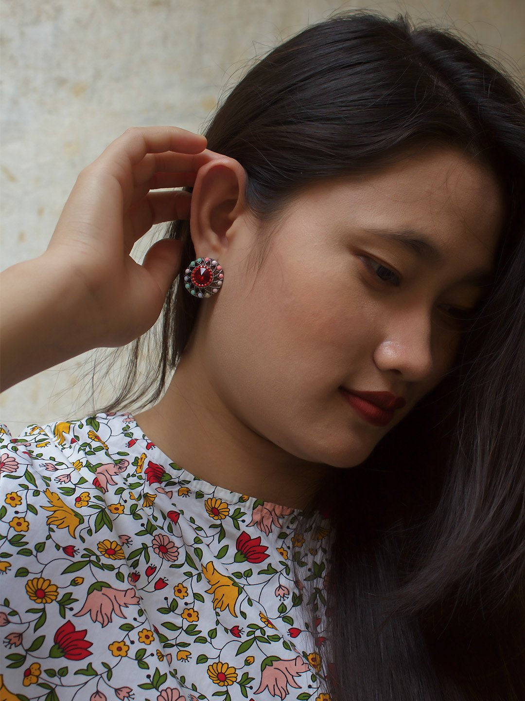 Silver Plated Floral Design Multicolor Plastic Stone Stud Earring