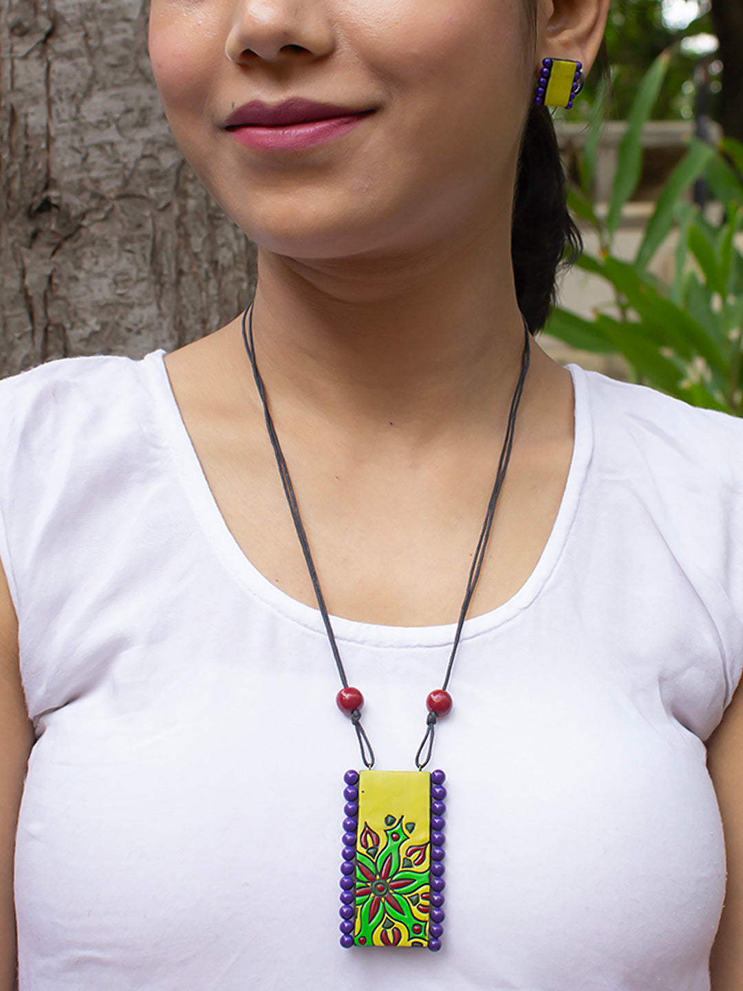 Yellow Green purple maroon rectanglular design floral art work terracotta necklace set