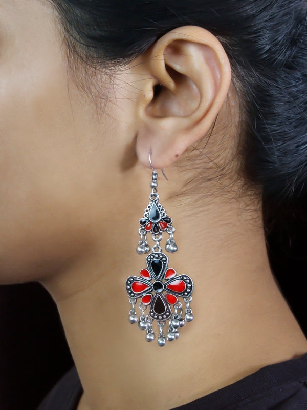 Floral Design Black and Red Dangler Afghani Earring