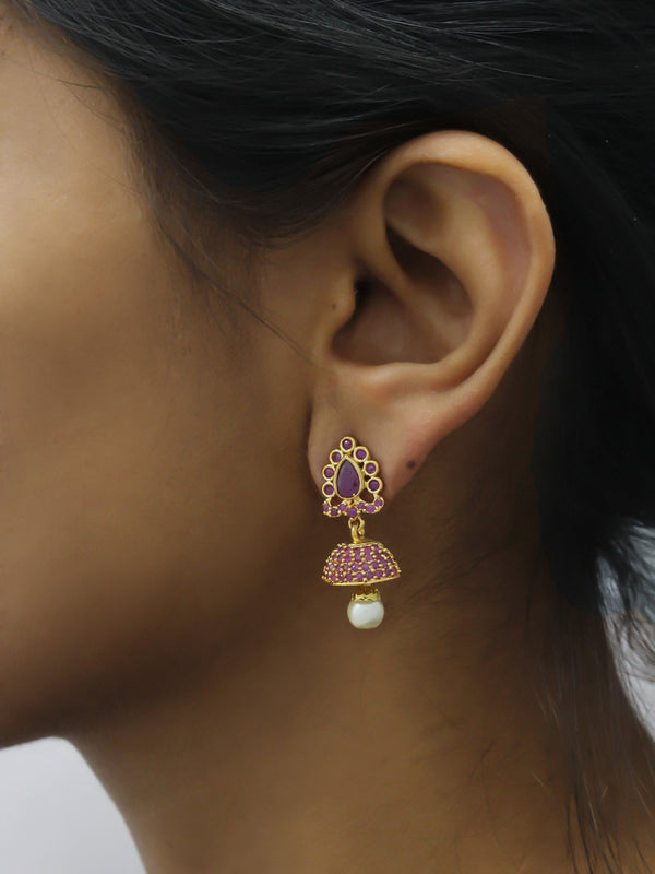 Avismaya Gold Plated Floral Design American Diamond Stone Jhumka Earring