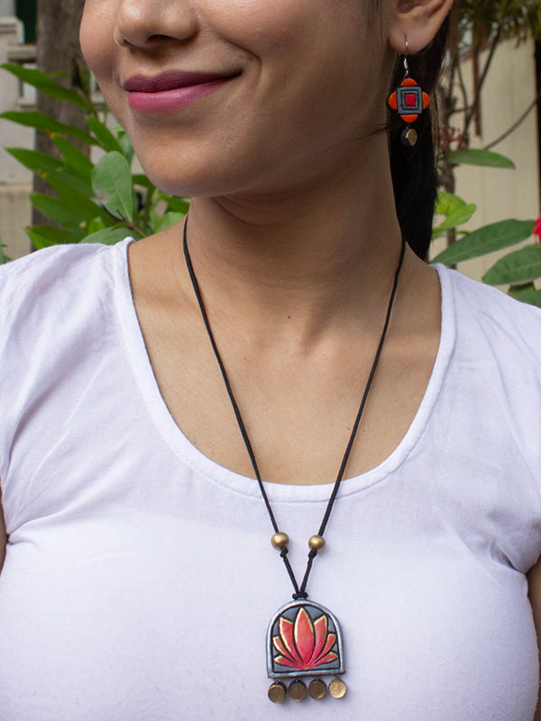 Lotus Design Grey Orange Antique Gold Handmade Terracotta Necklace Set