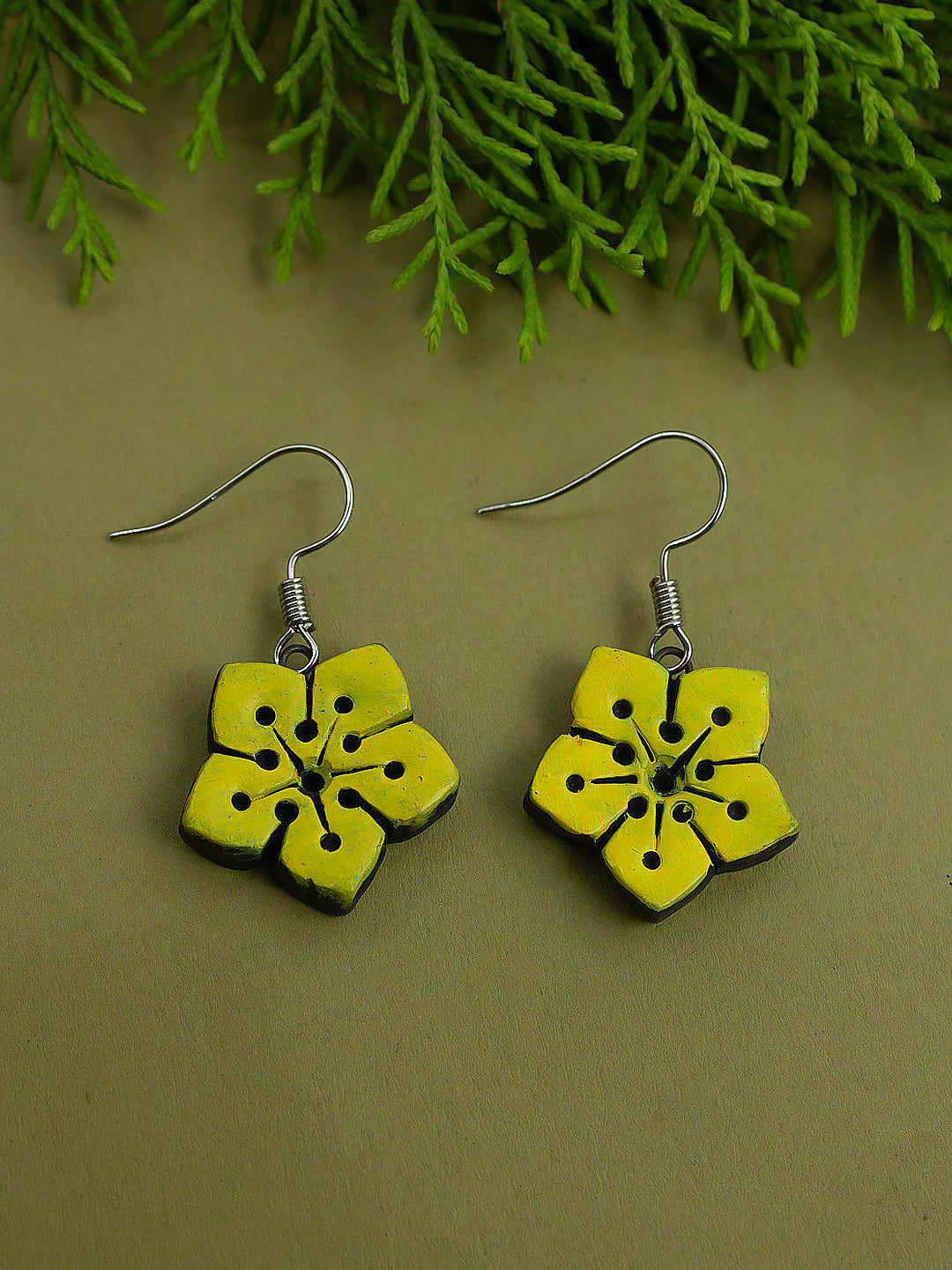 Yellow Floral Stud Hanging Terracotta Earrings