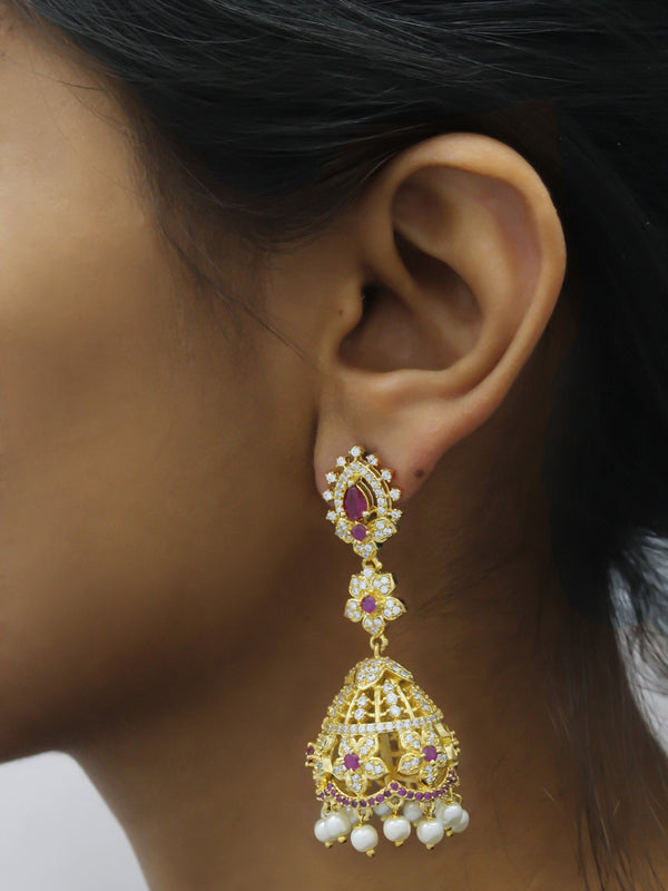 Avismaya Gold Plated Floral Design American Diamond Stone Jhumka Earring