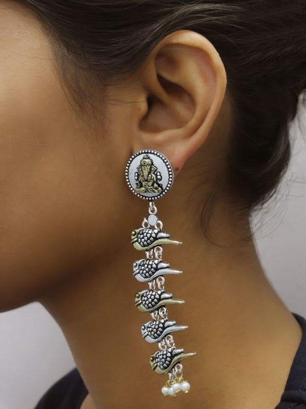 Dual Tone German Silver Ganesha And Peacock Design Drop Earring By Panaah