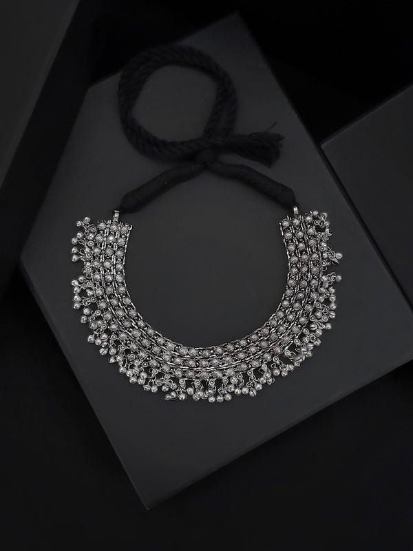 Silver Plated Floral Design With Hanging Silver Ghungroos Choker Necklace