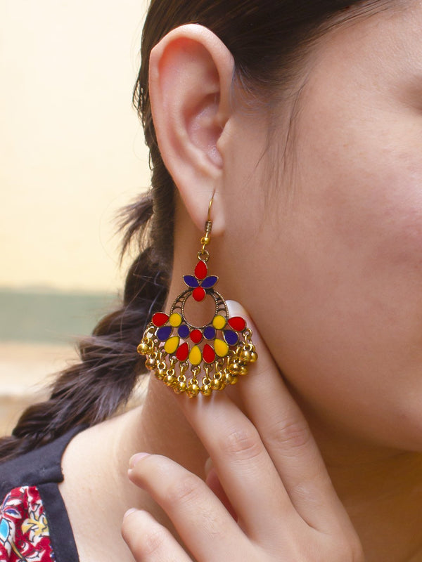 Floral Design Blue and Yellow and Red Dangler Afghani Earring