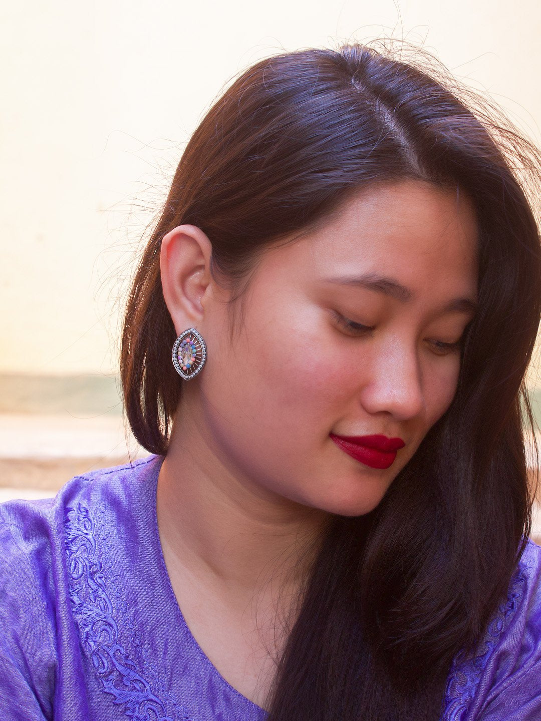 Silver Plated Oval Design Multicolor Plastic Stone Stud Earring