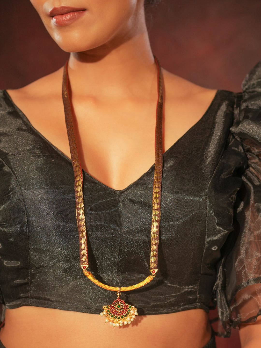 Zariam — Gold Tone Temple Necklace Zari floral pendant haaram brown