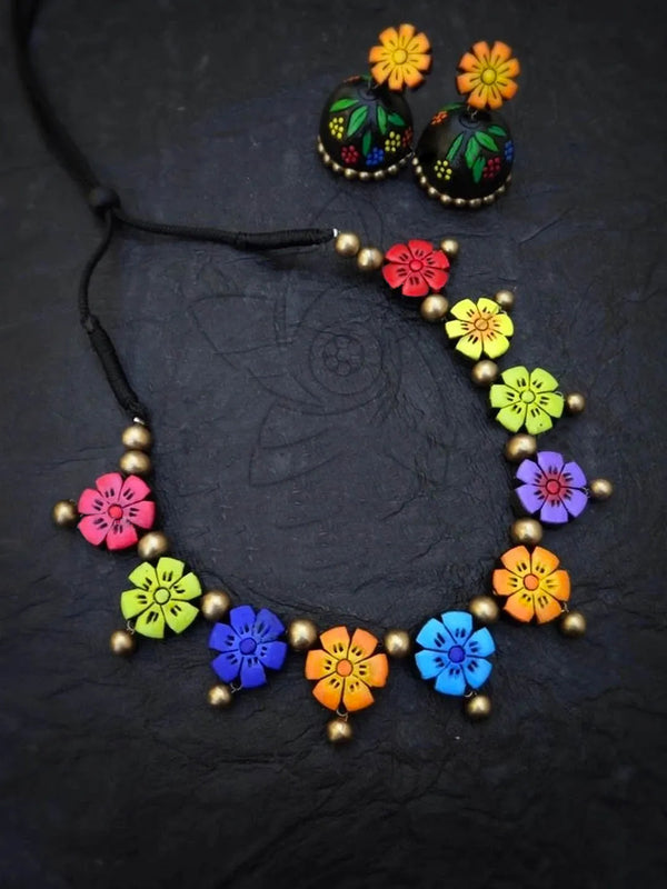 Flower Design Hand Painted Terracotta Jewellery Set