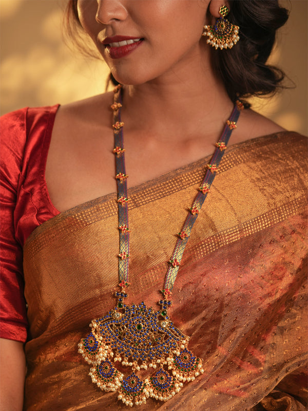 Gold Tone Temple Necklace Set- Blue and white Zari haaram