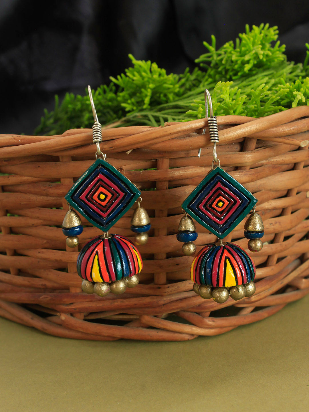 Green Blue Yellow Bronze Pink Orange Geometric Design Handmade Terracotta Jhumka Earring