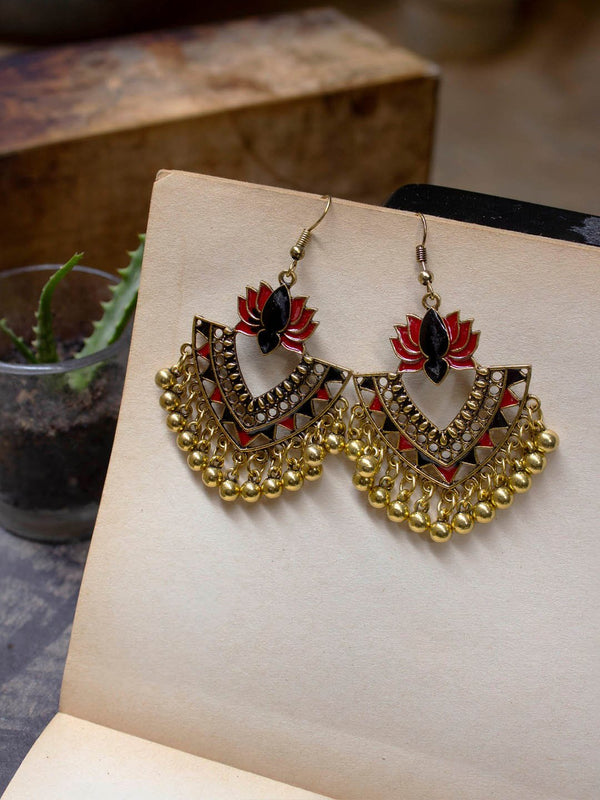 Gold Plated Lotus Design Red And Black Color Artificial Stone Hanging Dangle Earring