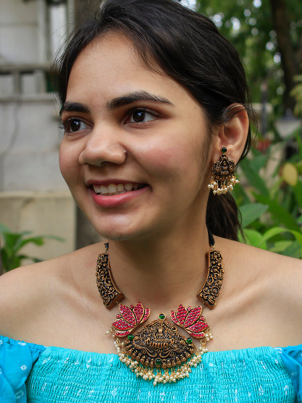 Lakshmi Peacock Design Filgree Work Gold Pink Green Handmade Terracotta Haram Necklace Set