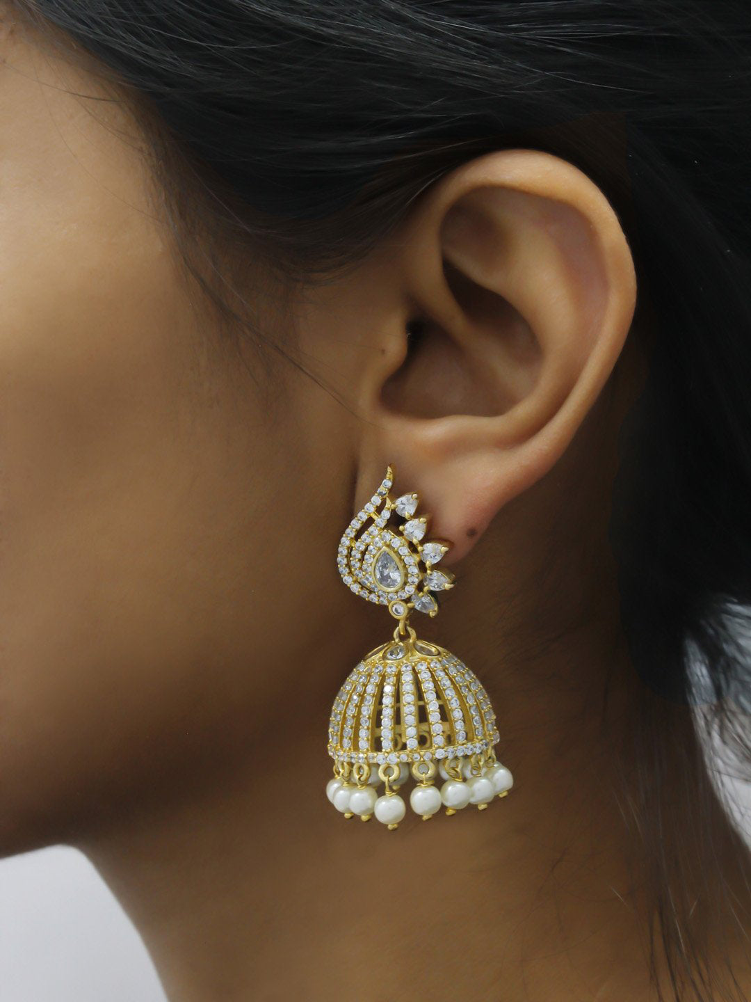 Avismaya Gold Plated Floral Design American Diamond Stone Jhumka Earring