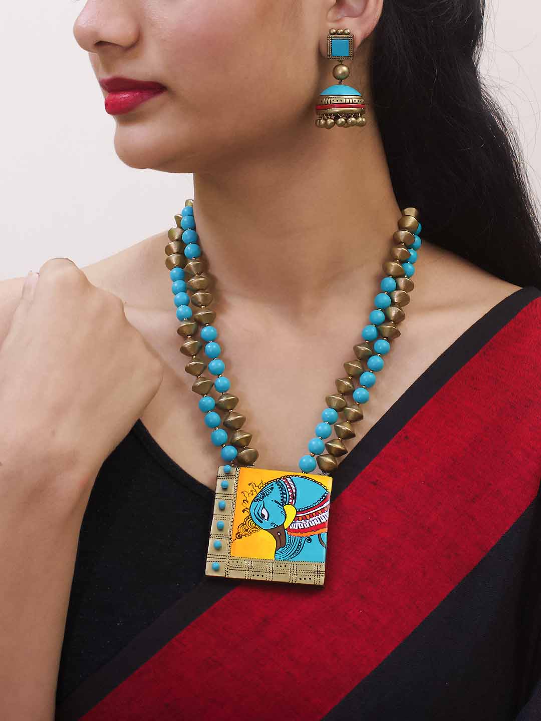 Peacock Design Hand Painted Terracotta Jewellery Set