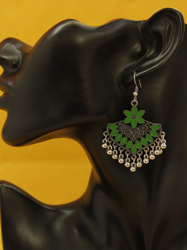 Silver Plating Green And Silver Color Floral Design Afghani Earring