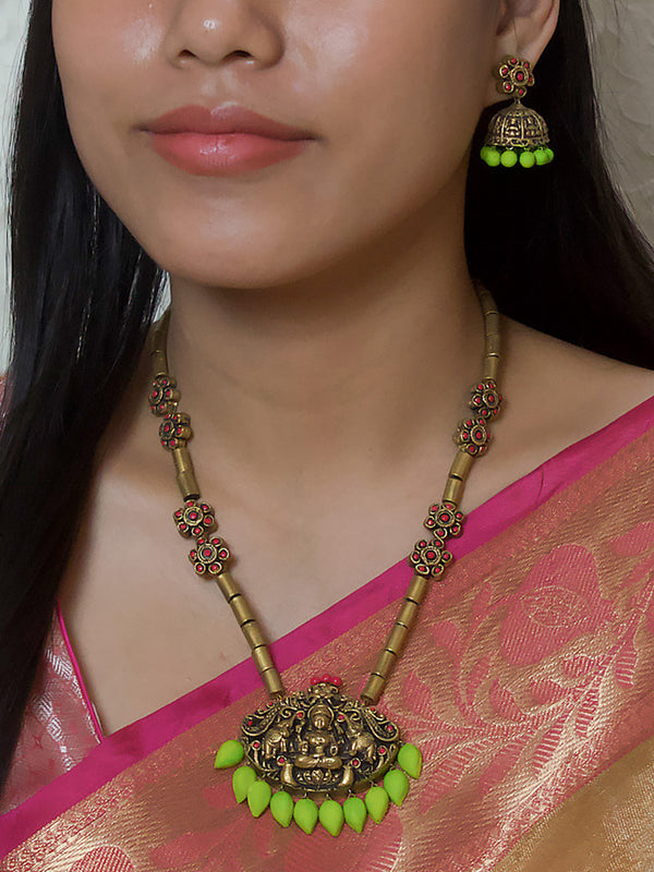 Antique Gold Pink Green Lakshmi Temple Design Tube Pattern Handmade Terracotta Necklace Set