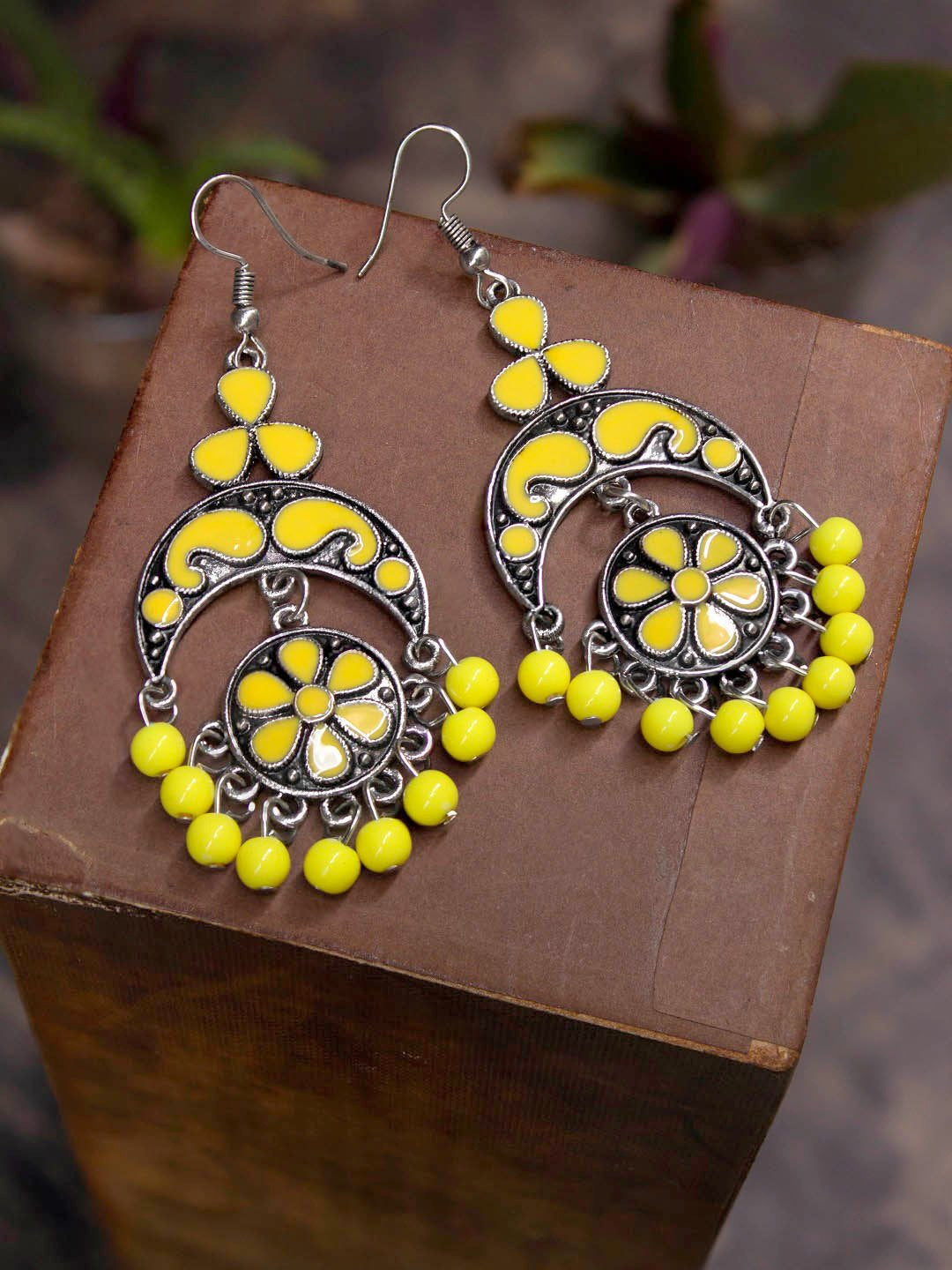 Gold Plated Mango Design Yellow Color Beads Enamel Painted Dangler Earring