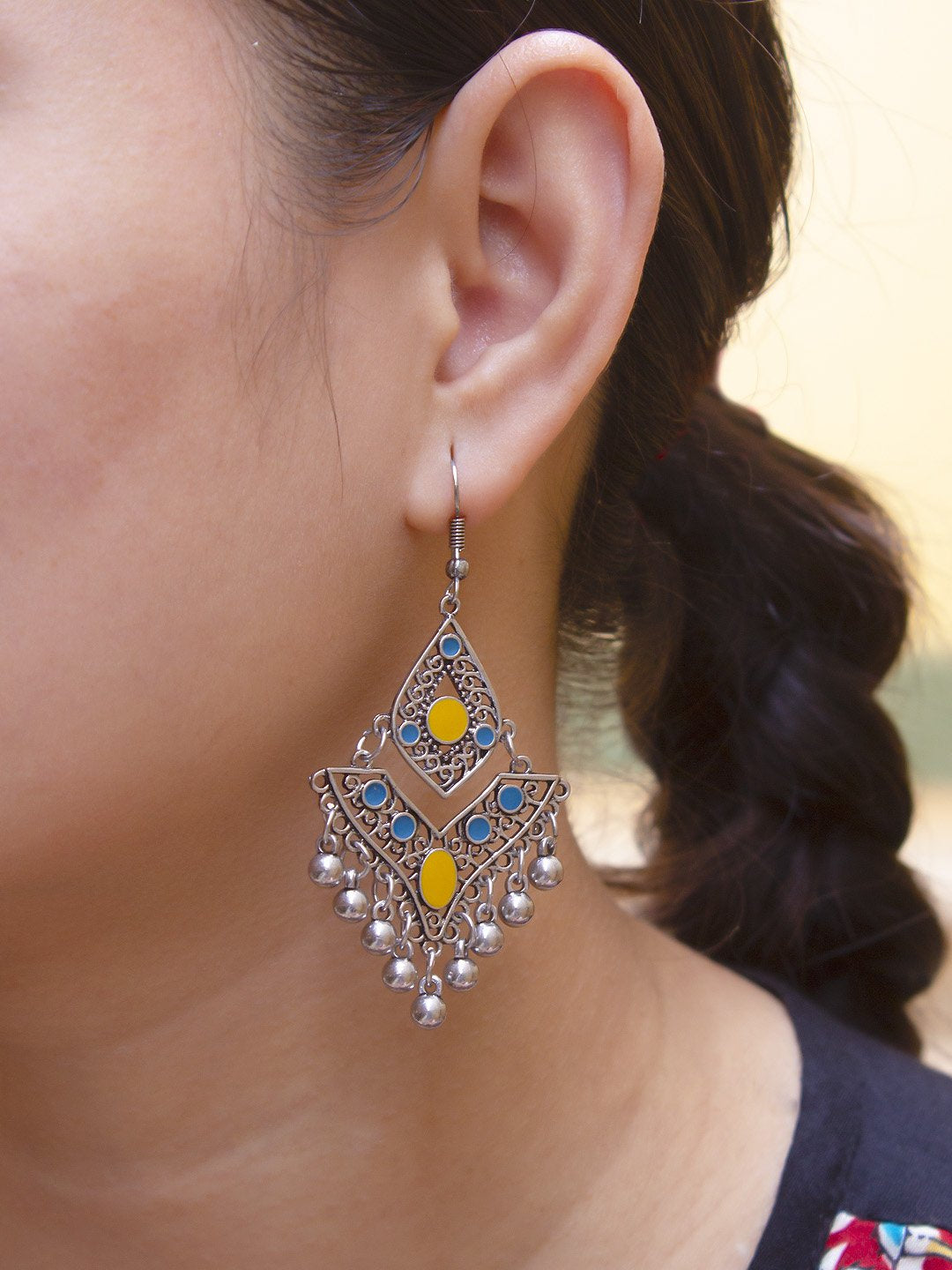 Geometric Design Yellow Dangler Afghani Earring